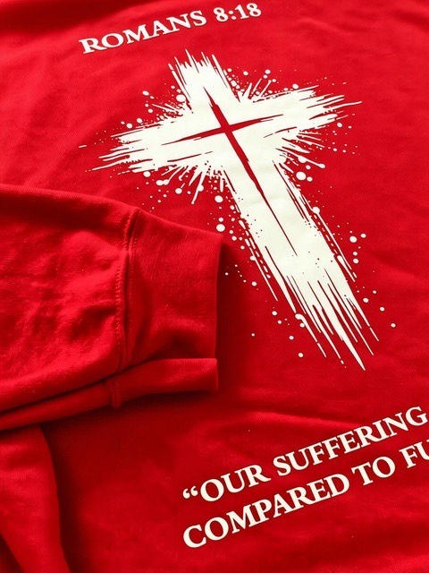 Red WWJD Hoodie - Romans 8:18 Image Close Up